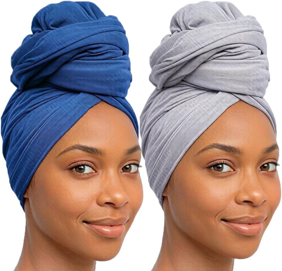 2 Pack Long Head Wraps for Black Women, Soft Large Turban Scarves