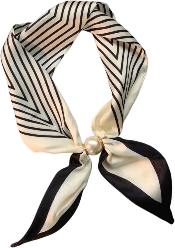 Women's Satin Neck Scarf with Magnetic Pearl Buckle,Mom's Scarf Retro Floral Print Elegant for Daily Office Party Gift
